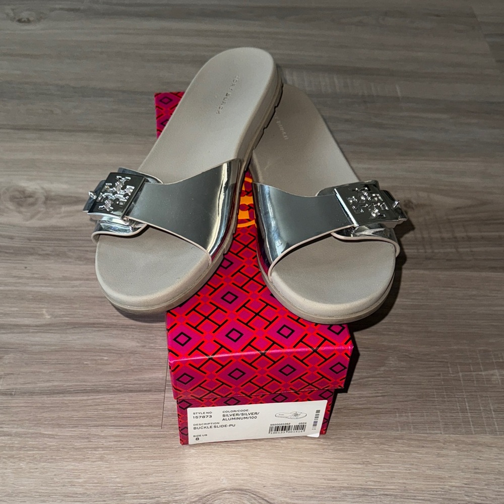 Tory Burch Metallic Silver Slide Sandals